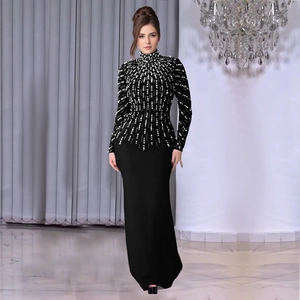 Elegant black turtleneck evening dress with beaded stripes and long sleeves for formal events