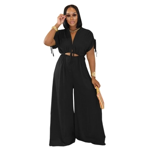 Detail of black V-neck jumpsuit with waist tie-up design and drawstring short sleeves