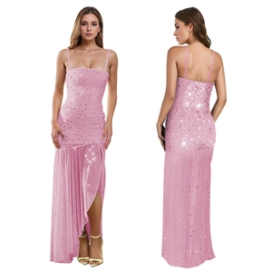 Detailed front and back view of a pink sequin evening dress with thin straps and a side slit