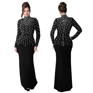 Elegant black long sleeve evening dress with sparkling silver beads and sequins