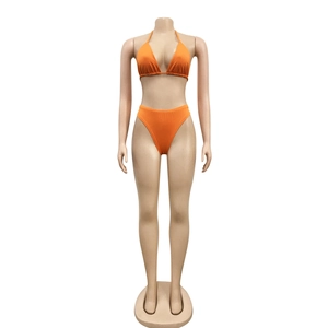 Detailed front view of a vibrant orange halter bikini set on a mannequin