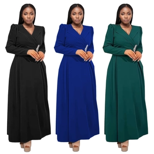 Elegante abito lungo a maniche lunghe con scollo a V in nero, blu reale e verde smeraldo