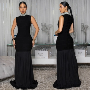 Elegant Women Sleeveless High Neck Artificial Pearl Beaded Patchwork Bodycon Pleated Mermaid Maxi Dress For Evening Party Banquet Prom