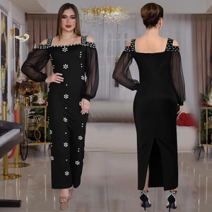 Elegante Vestito Nero da Donna con Scollo a Quadrato Spalle Scoperte Maniche a Lanterna in Rete Strass Floreale Bodycon Maxi per Festa Serale
