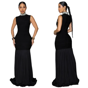 Elegant black sleeveless gown with pearl neckline and pleated mermaid hemline