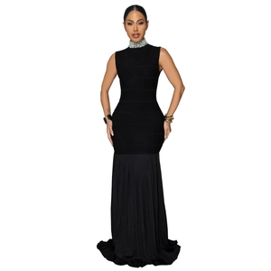 Elegant black bodycon maxi dress with pearl-beaded high neck and pleated floor-length skirt