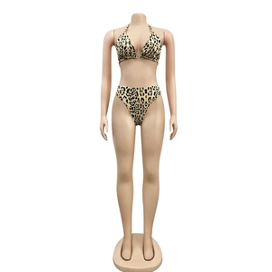 Detail shot of the sexy leopard print triangle bikini top and high cut bottoms on a mannequin