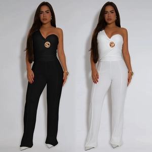Women's Elegant One Shoulder Top And Wide Leg Pants With Gold Metal Buckle Slim Fit Outfit For Evening Party Social Gathering