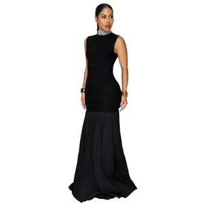 Detail of elegant black sleeveless evening dress featuring pearl beaded high collar