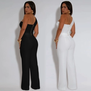 Detail view of one-shoulder jumpsuit with back zipper in black and white colors