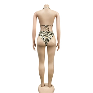 Rear view of sexy leopard print bikini set with high waisted bottoms on mannequin