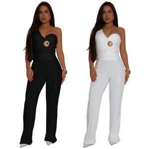 Women's chic one-shoulder jumpsuit with gold metal buckle and flared pant leg