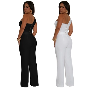 Detail view of one-shoulder wide-leg jumpsuit with metallic back zipper closure