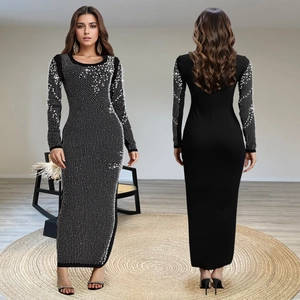 Elegant Women Black Long Sleeve Bodycon Maxi Dress Luxurious Rhinestone Artificial Pearl High Slit Evening Banquet Party Formal Gown