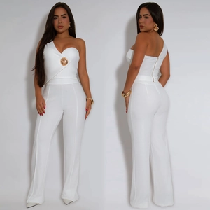 Elegant white one-shoulder jumpsuit with gold buckle detail and back zipper closure