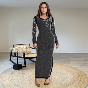 Elegant black long sleeve slim fit evening maxi dress with sparkling rhinestone embellishments