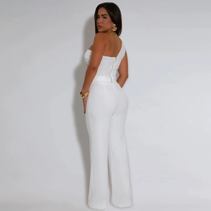 Close-up of white one-shoulder jumpsuit featuring a back gold zipper and wide-leg design