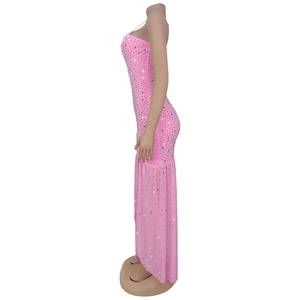 Detail of pink rhinestone slip dress with sheer mesh fishtail hem and slim fit design