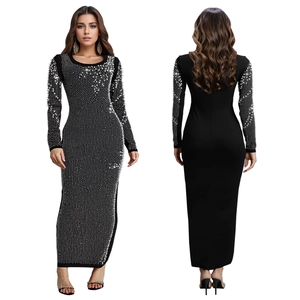 Elegant black long sleeve bodycon dress featuring shimmering rhinestone embellishments