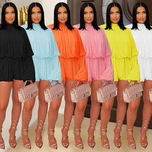 Women Elegant Pleated Romper High Neck Flare Sleeves Solid Color Fashion Casual Short Playsuit Jumpsuit For Summer Party