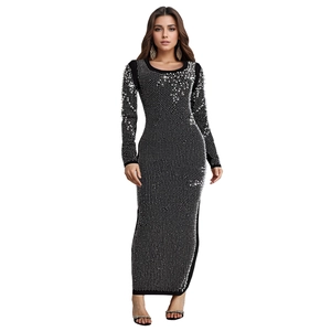 Elegant black slim-fit maxi dress featuring high-density sparkling rhinestones and long sleeves