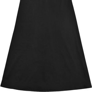 Detail of the high-quality black dress hem showing precision stitching and fabric texture
