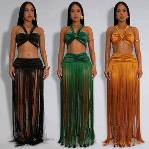 Damen Sexy Satin Halter Crop Top Und Fransen Langer Rock Top And Bottom Einfarbig Party Clubwear Mode Outfit