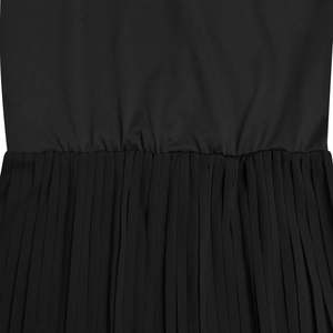 Detail of waist stitching and refined pleated fabric on this black slim dress