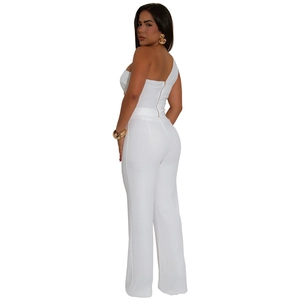 Detail of elegant white one-shoulder top featuring a striking gold zipper closure on the back