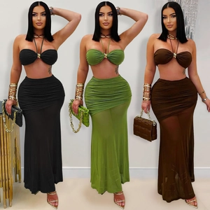 Élégant Ensemble Femme Top And Bottom en Maille Plissée Dos Nu Jupe Longue Bodycon Sexy à Taille Haute pour Clubwear de Fête