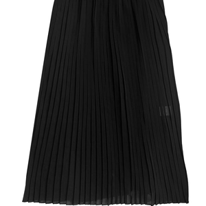 Detail shot of the vertical pleated texture on a black slim-fit dress with draped fabric