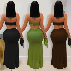 Ensemble trois couleurs haut tube sexy et jupe longue moulante à fronces