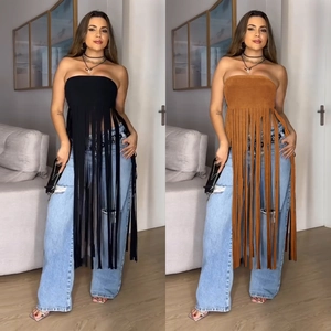 Top a Fascia con Frange in Pelle Scamosciata Sintetica da Donna Senza Spalline Tinta Unita Canotta con Nappe Lunghe Streetwear Bohémien Sexy Party Top