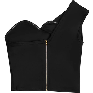 Close-up of black one-shoulder cropped top featuring a stylish golden metal back zipper