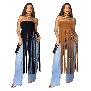 Top a fascia chic in finta pelle scamosciata con lunghe frange in nero e marrone moda