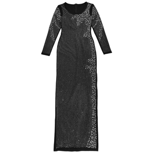 Close-up of sparkling silver rhinestones and beadwork on a slim-fit black long-sleeve dress