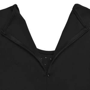 Detail of elegant black dress featuring a V-back design with mesh and silver rhinestones