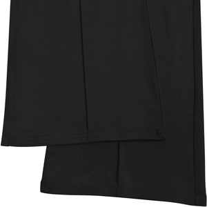Close-up of black elastic knit pants hem with flat quilted seams and center decorative stitching
