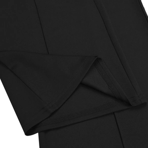 Detailed macro view of black pants hem with precise double stitching and clean inner seam