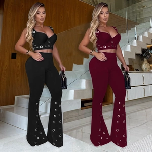 Damen Sexy Zweiteiler Set Ösen Ärmelloses Crop Top Und Schlaghose Mit Hoher Taille Eleganter Casual Patchwork Anzug