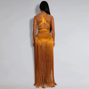 Detail von Cross-Back-Top und langem goldenem Fransenrock mit metallischem Satin-Finish