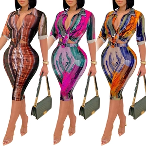 Women's Fashion Abstract Art Print Two Piece Set V Neck Short Sleeve Top And High Waist Cycling Shorts Summer Casual Outfits