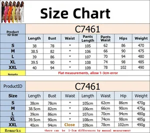 Detailed size guide for C7461 women's halter neck top and trousers set in sizes S to XXL