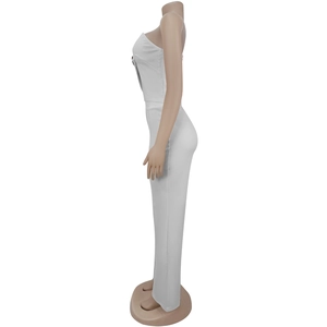 Side view of white strapless top and straight-leg trousers set on a mannequin