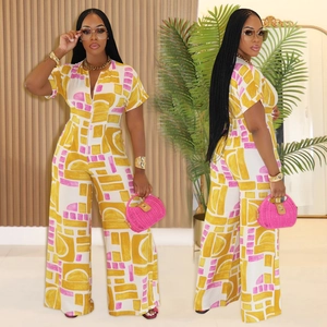 Women's Summer Casual Geometric Print Short Sleeve Jumpsuit V-Neck Zipper Wide Leg Long Pant Fashion Resort Wear