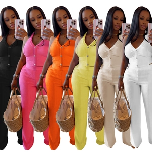Women's 2-piece knit set featuring halter waistcoat and wide-leg pants in six colors