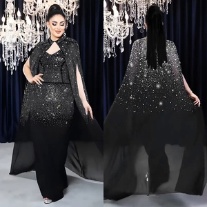 Robe Longue Élégante pour Femmes Noir avec Strass et Châle Sexy Ajouré Sans Manches pour Banquet Top And Bottom