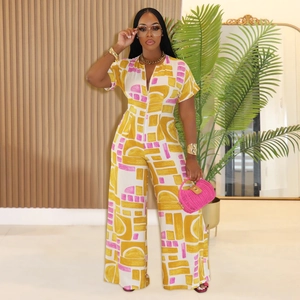 Women summer short sleeve wide leg jumpsuit with yellow and pink geometric prints