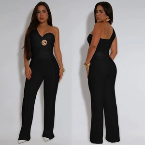 Chic black one-shoulder jumpsuit with gold buckle detail and wide-leg pant silhouette