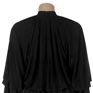 Back view of black pleated sheer romper showing high collar and invisible rear zipper